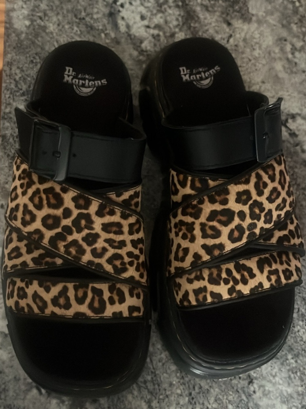 Dr. Martens Leopard Print Platform Clogs in Black and Brown